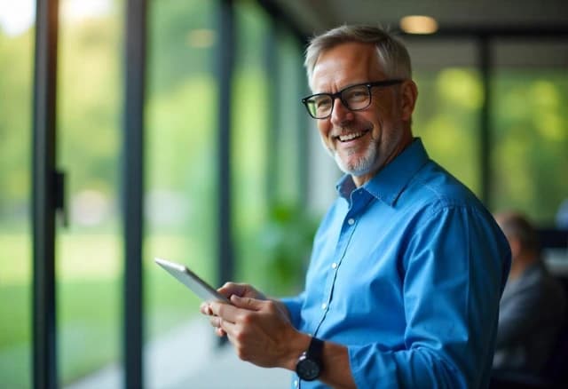Illustration un homme souriant avec une tablette